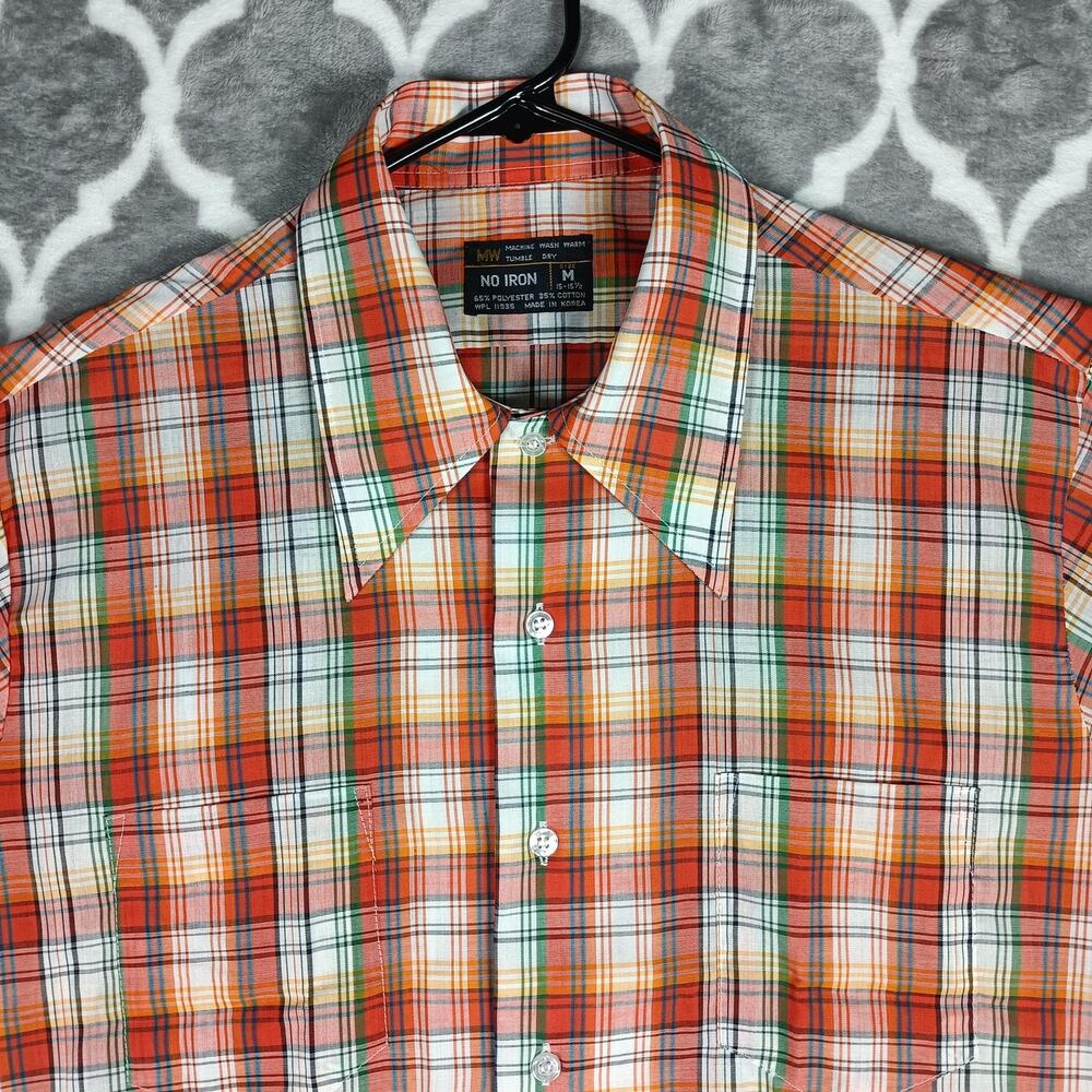 Vintage MW Shirt Mens Medium Plaid Button Up Long Sleeve No Iron 70s